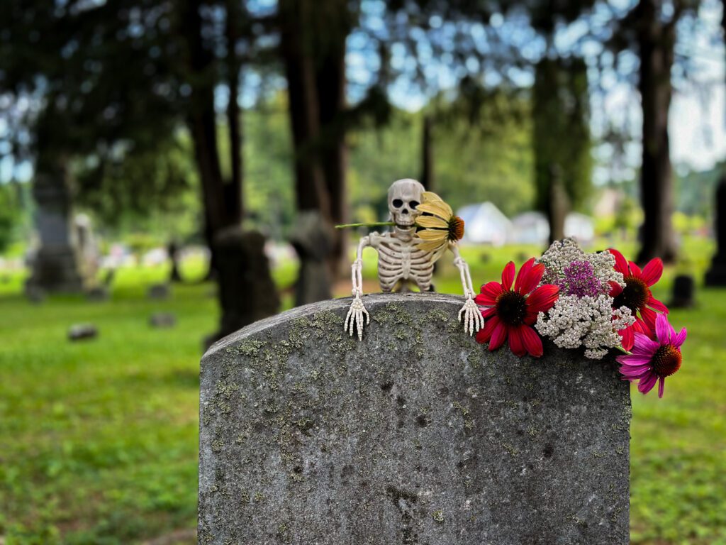 skeleton sitting on grave