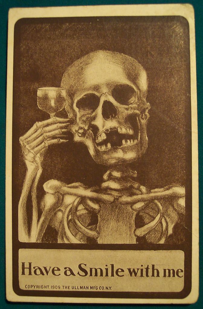 Victorian trading card featuring skeleton holding a glass.