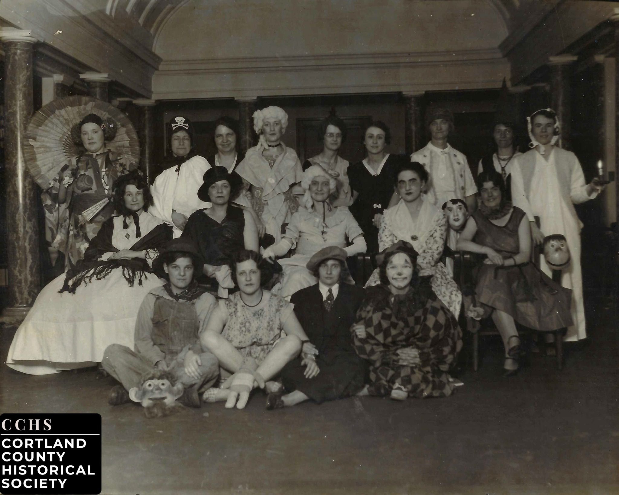 1930 costume party at court house historic black and white photo featuring people posed in costumes