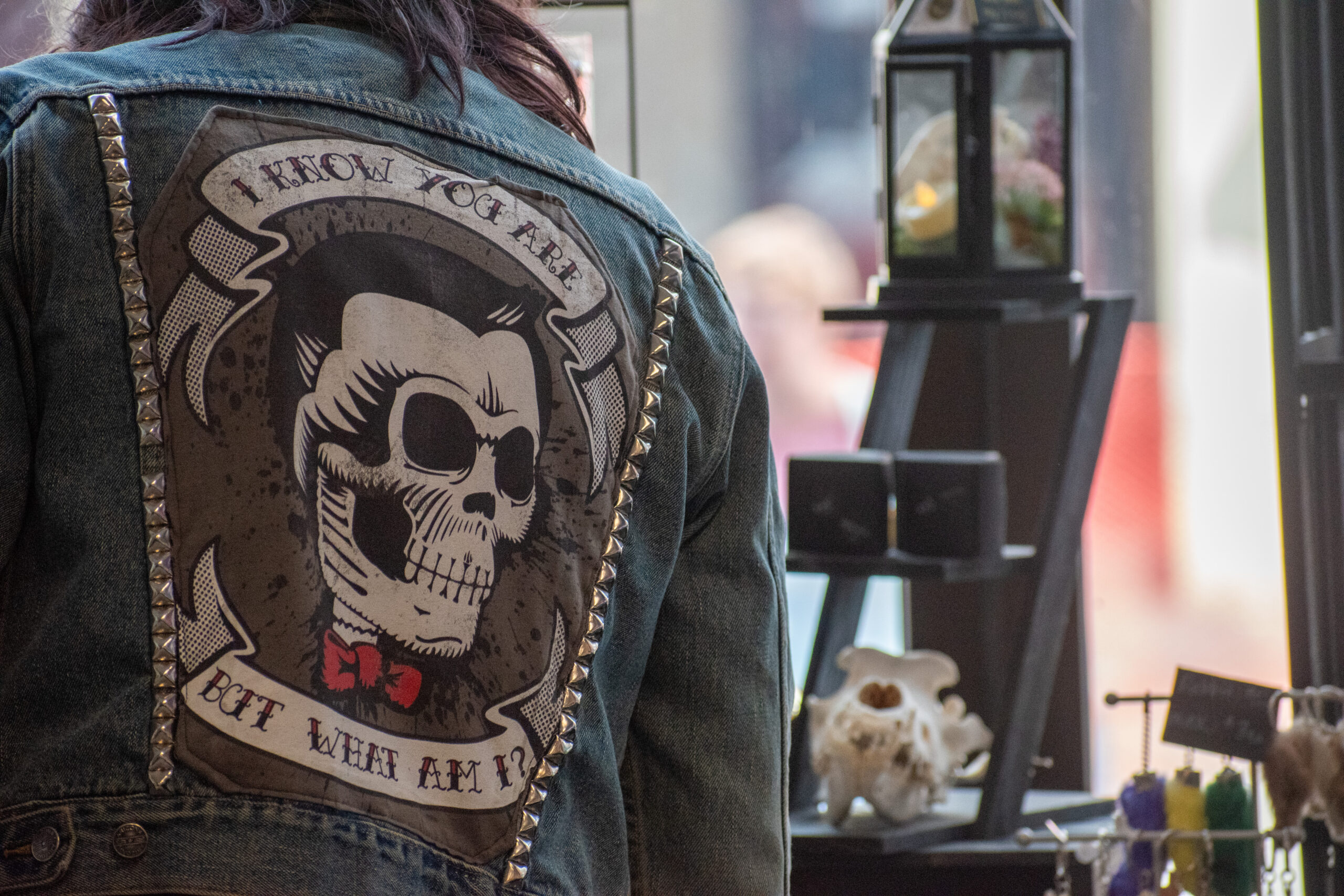 back of jean jacket with skull and the words "I know you are, but what am I?"